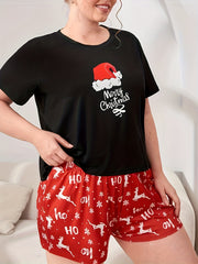 Christmas Lounge Set Elk Print Short Sleeve Tee & Shorts Pajama Set