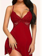 Lace Stitching Nightdress V Neck Cross Slip Pajama Dress Women's Sleepwear