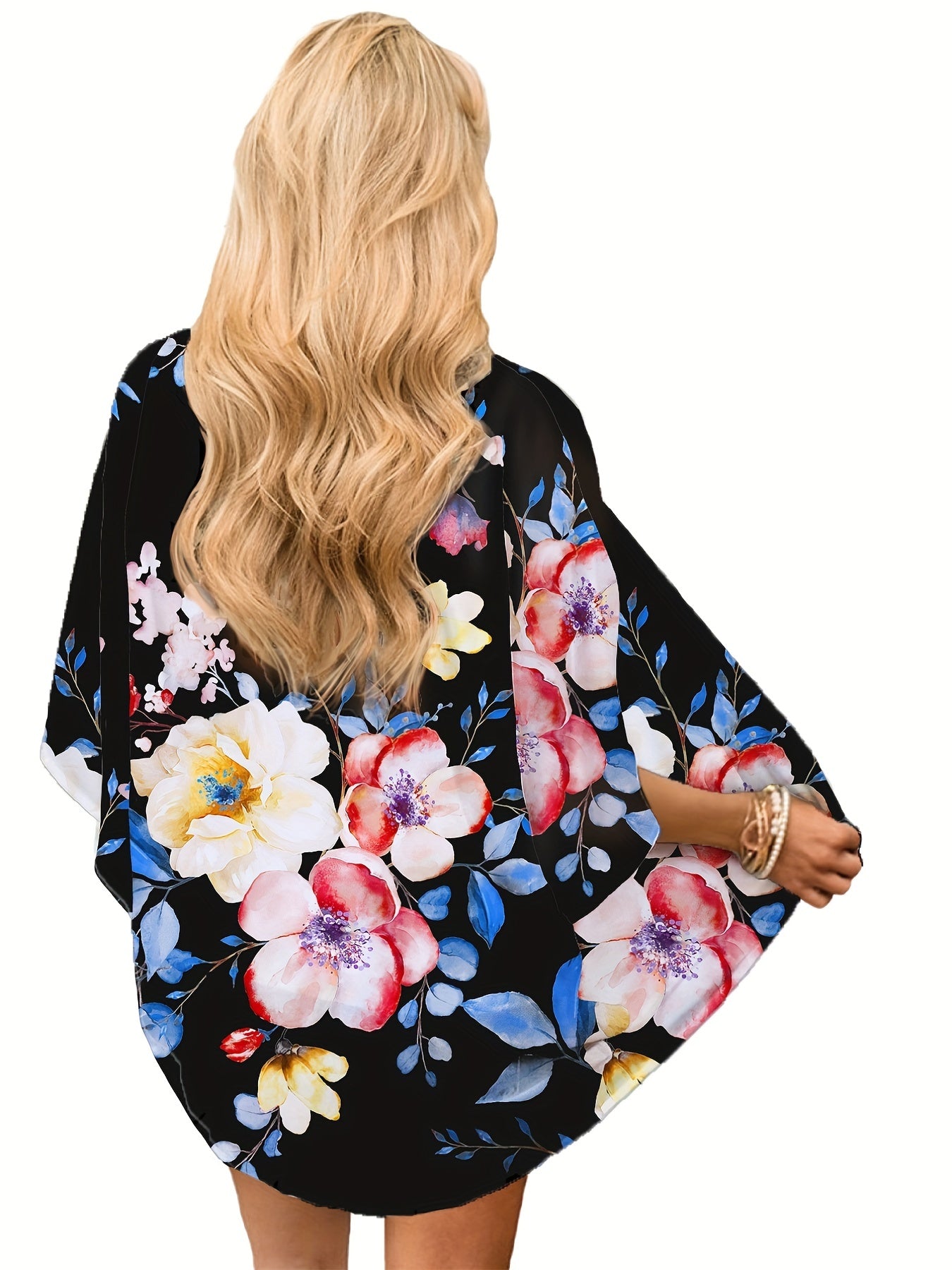 Plant Print Half Sleeve Kimono Cover Up V Neck Comfy Loose Beachwear
