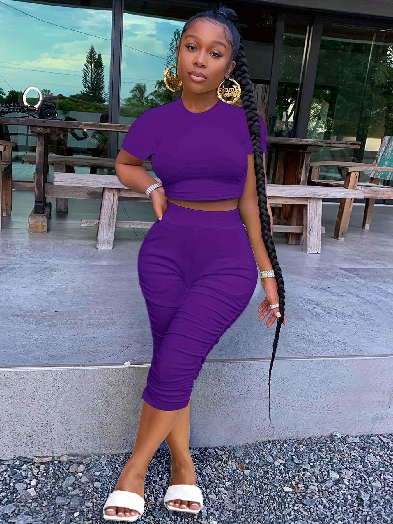 Casual 2pc Set Crew Neck Short Sleeve Crop T-shirt & High Waist Ruched Pants