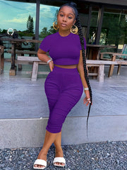Casual 2pc Set Crew Neck Short Sleeve Crop T-shirt & High Waist Ruched Pants