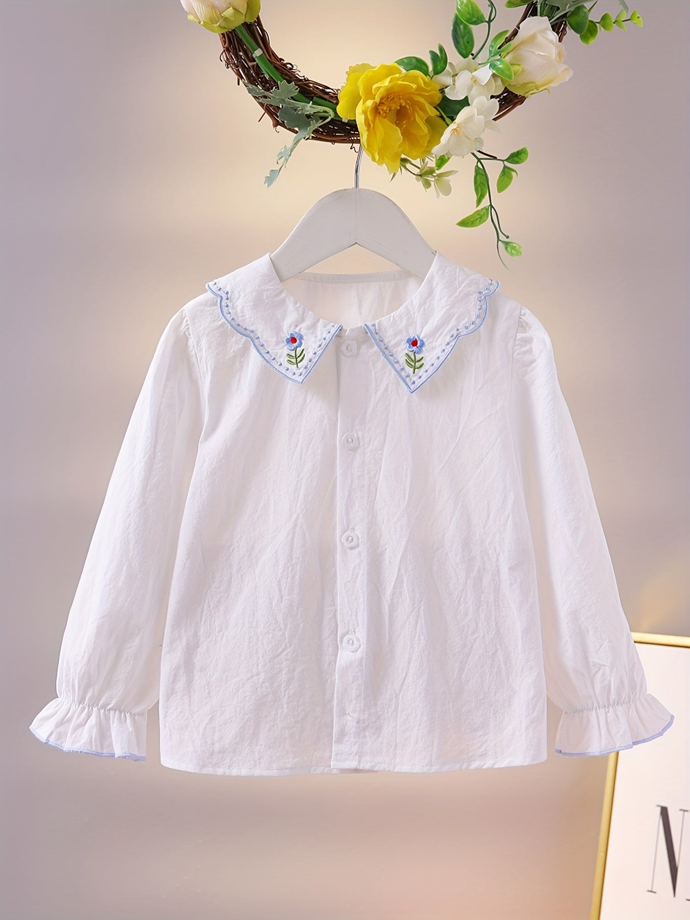 Girls Flower Embroidered Button Long Sleeve Shirt
