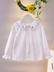 Girls Flower Embroidered Button Long Sleeve Shirt