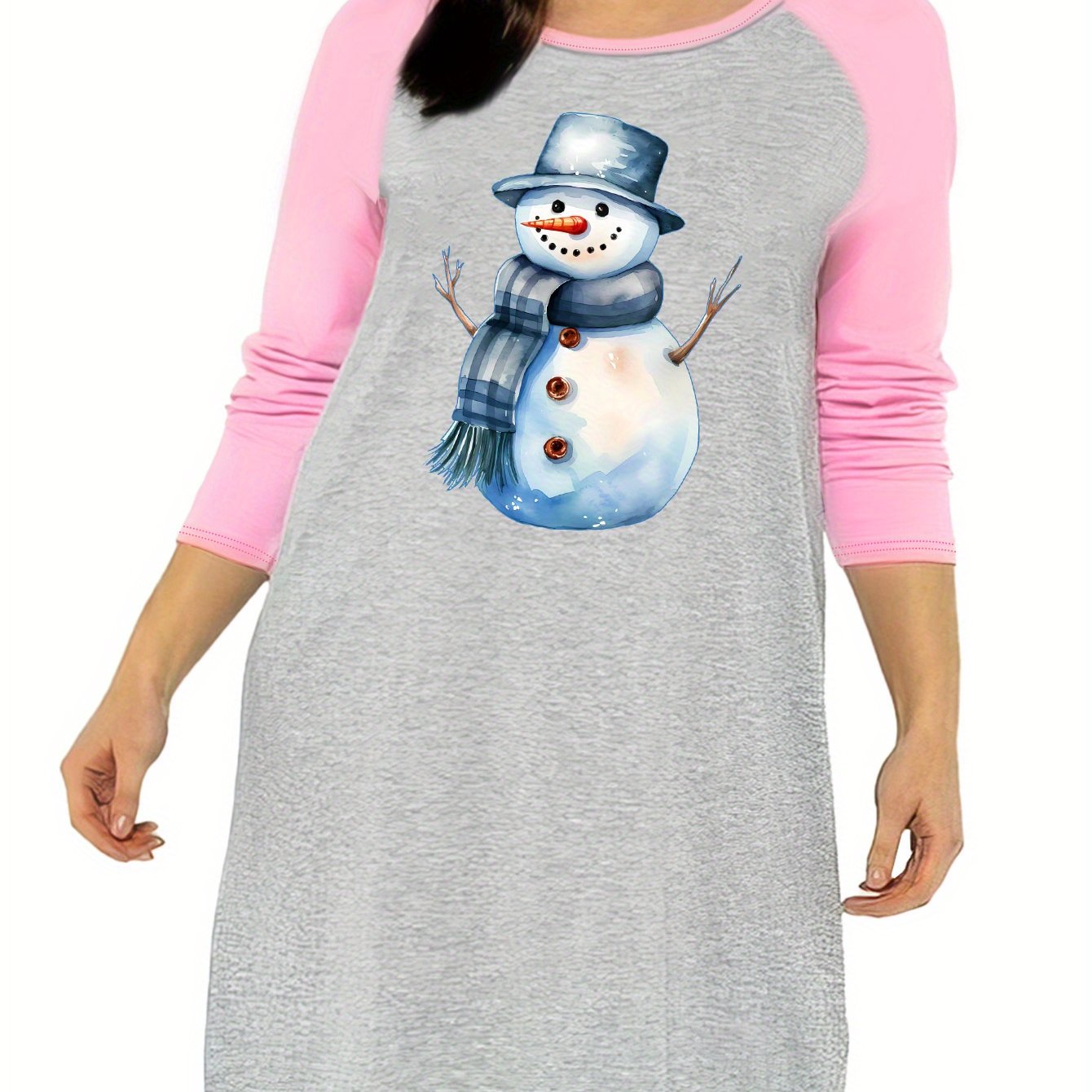 Snowman Print Nightdress Raglan Sleeve Round Neck Sleep Dress