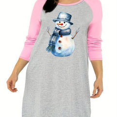 Snowman Print Nightdress Raglan Sleeve Round Neck Sleep Dress