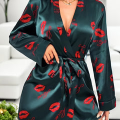 Women's Lips Print Lounge Robe Long Sleeve V Neck Home Robe