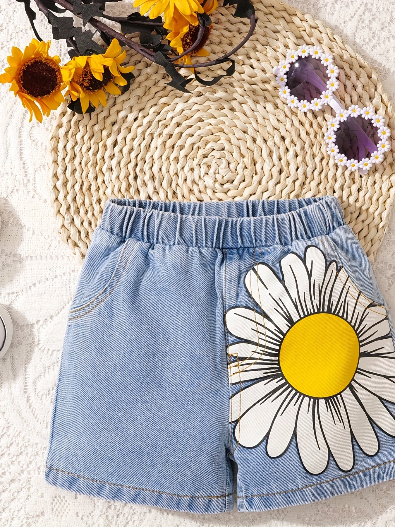 Baby's Sunflower Print Denim Shorts With Pockets