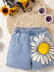 Baby's Sunflower Print Denim Shorts With Pockets