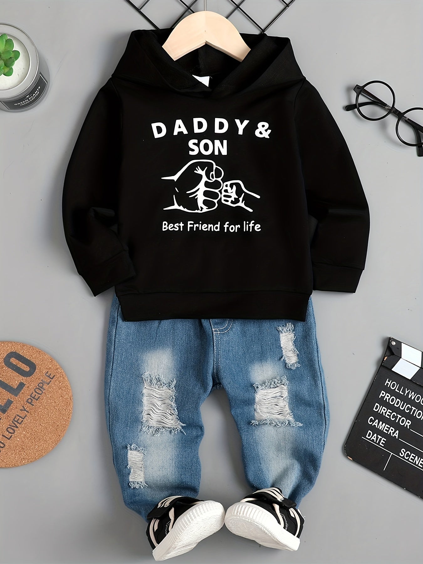 DAD SON Fist Graphic Print Boys Long Sleeve Hooded Sweatshirt&Denim Pants Set
