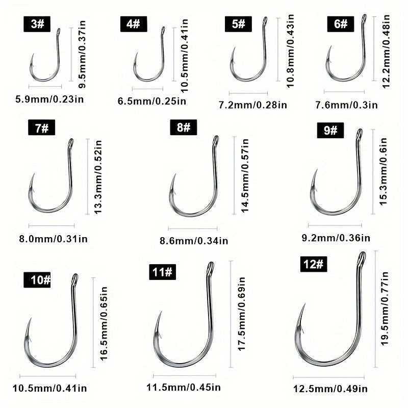 100pcs Fishing Hooks 10 Sizes Circle Barbed Hooks High Carbon Steel