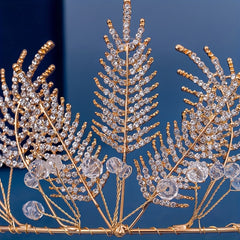Golden Rhinestones Crown Headband Bridal Tiara Leaf Headpiece