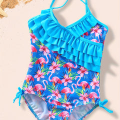 Floral Flamingo Girls Swimsuit with Ruffled Trim