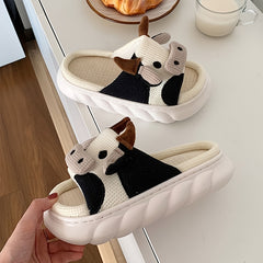 Women's Cow Plush Slippers Comfy Open Toe Slides Anti-slip Home Shoes