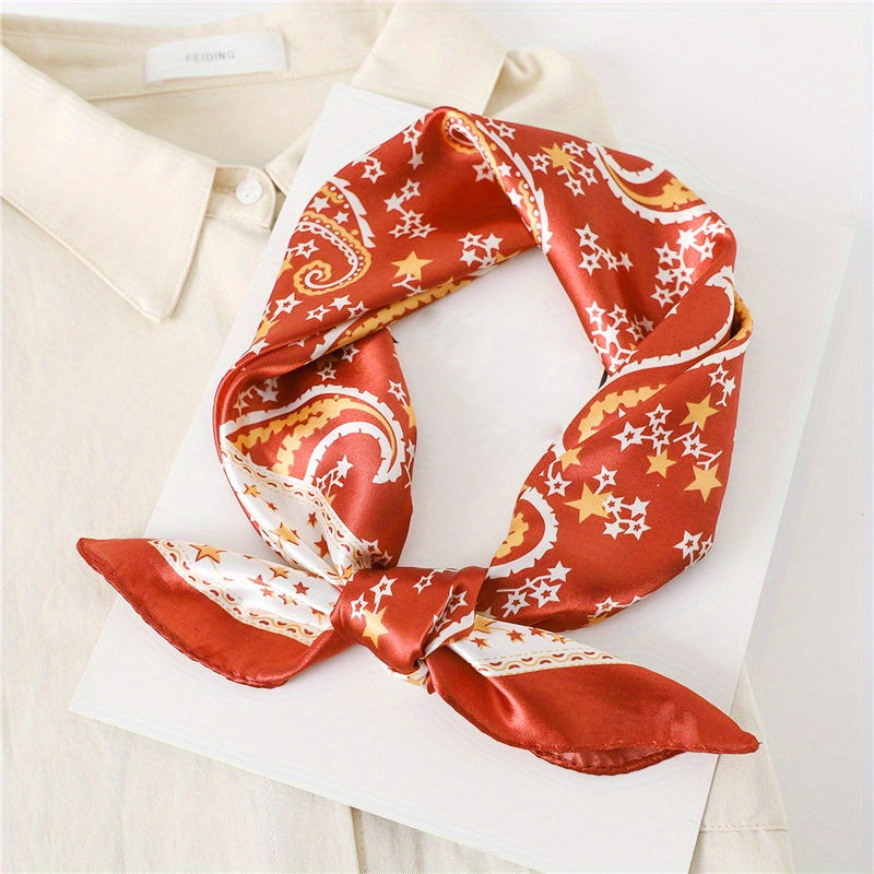 Stars Print Square Scarf Satin Bandana Neckerchief Women Silk Head Wrap