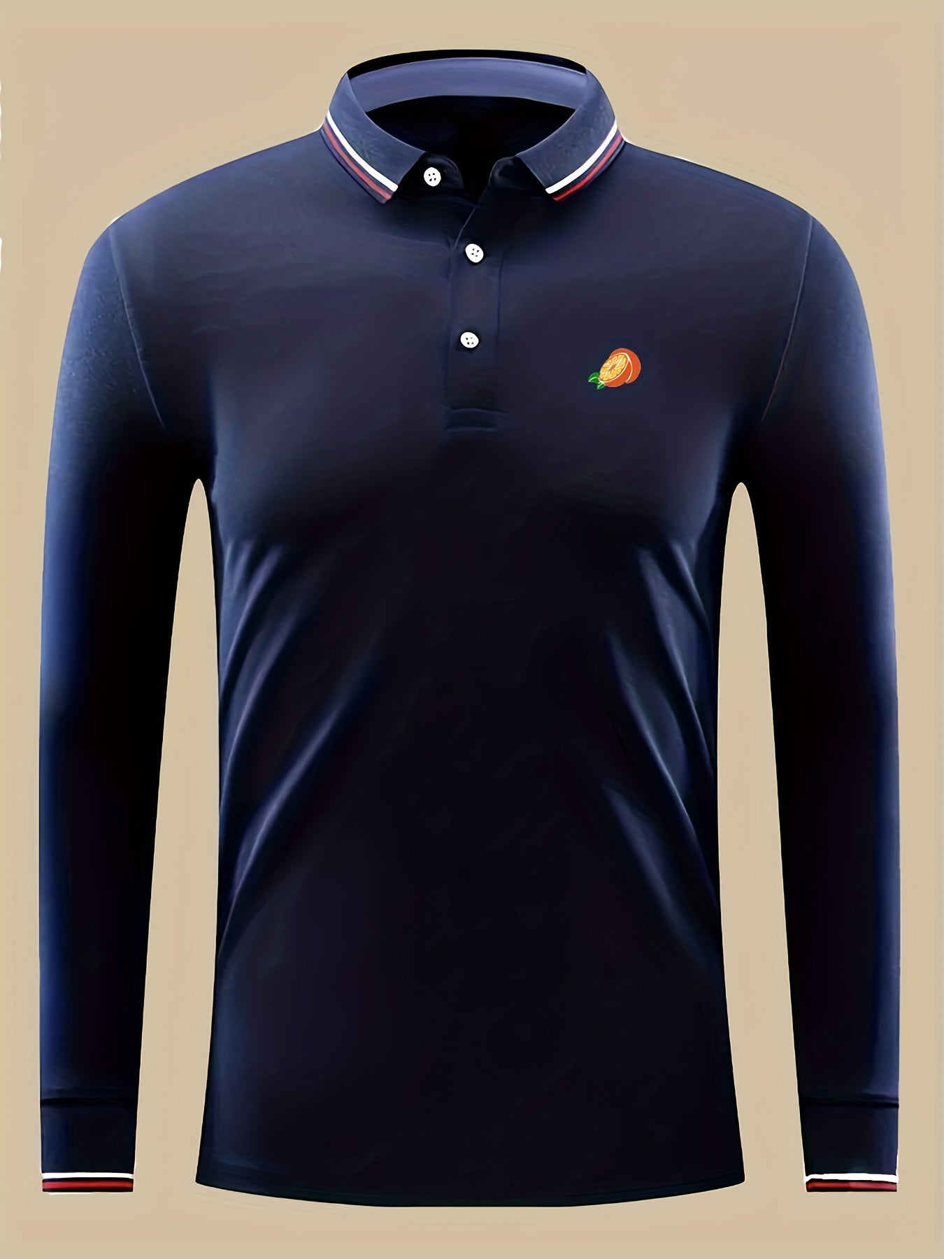 Orange Print Men's Casual Button Up Long Sleeve Lightweight Polo Shirt