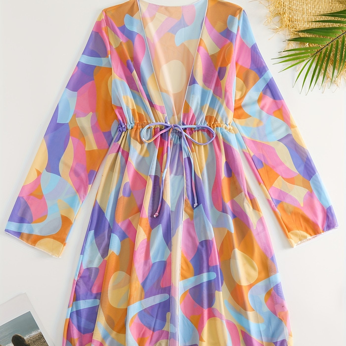Print Cover Up Shirt Long Sleeves V Neck Drawstring Cover Ups Women's Swimwear