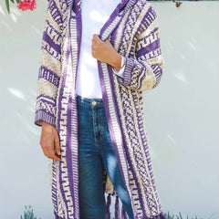Geometric Print Tassel Trim Hooded Cardigan