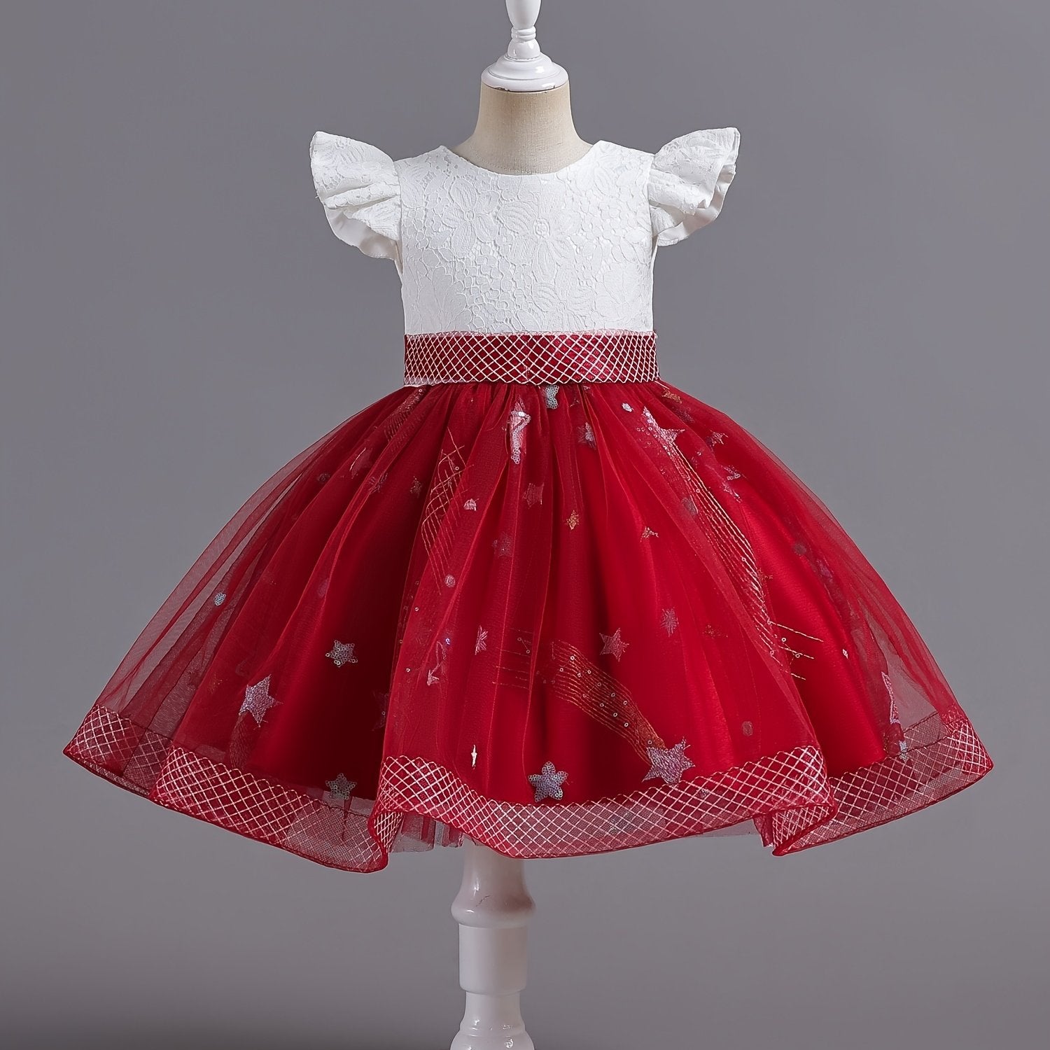 Girls Embroidered Mesh Princess Dress Fly Sleeve Tutu Skirt