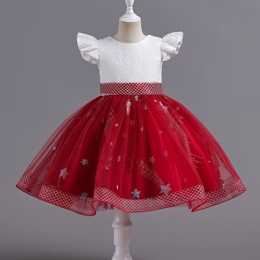 Girls Embroidered Mesh Princess Dress Fly Sleeve Tutu Skirt