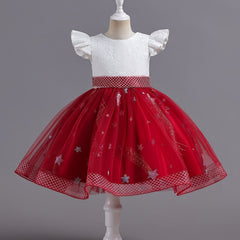 Girls Embroidered Mesh Princess Dress Fly Sleeve Tutu Skirt