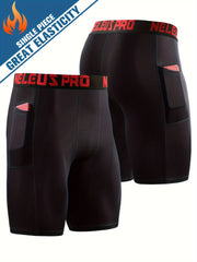 Men's Letter Print Compression Shorts With Pocket Athletic Base Layer