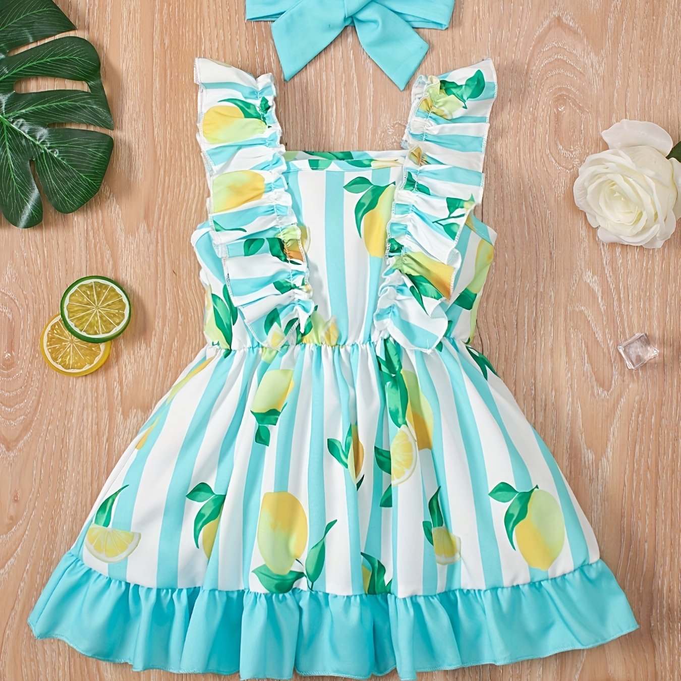 2pcs Baby Girls Fruit Print Ruffle Trim Dress & Headband Set