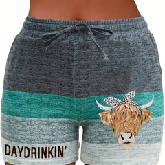 Cow Head Print Casual Drawstring Comfy Shorts