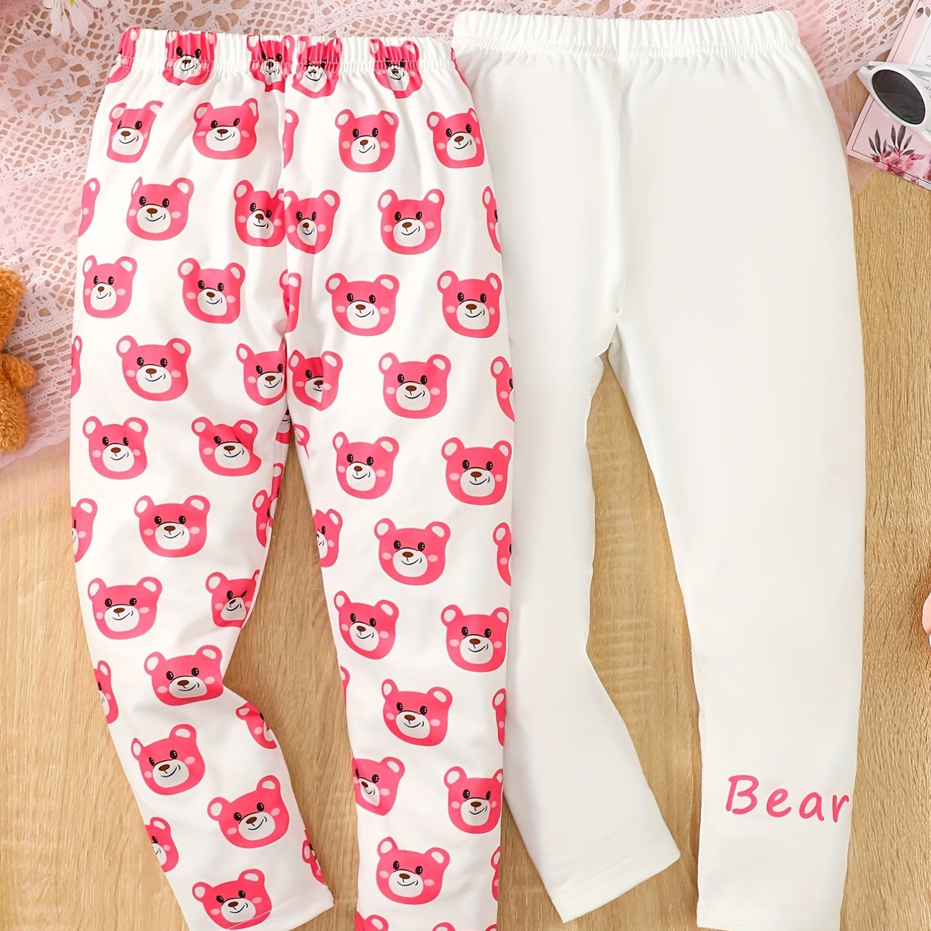 2pcs Pink Bear Full Print Leggings Outfit