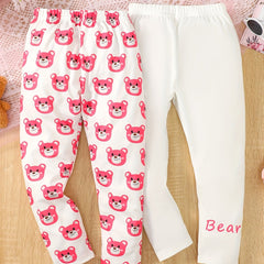 2pcs Pink Bear Full Print Leggings Outfit