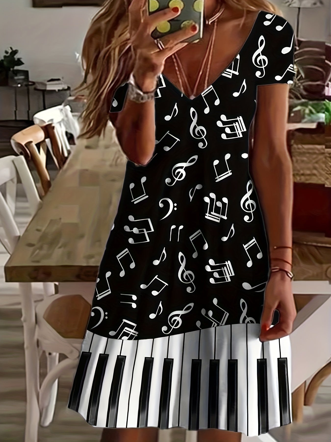 Piano & Music Note Print V Neck Dress