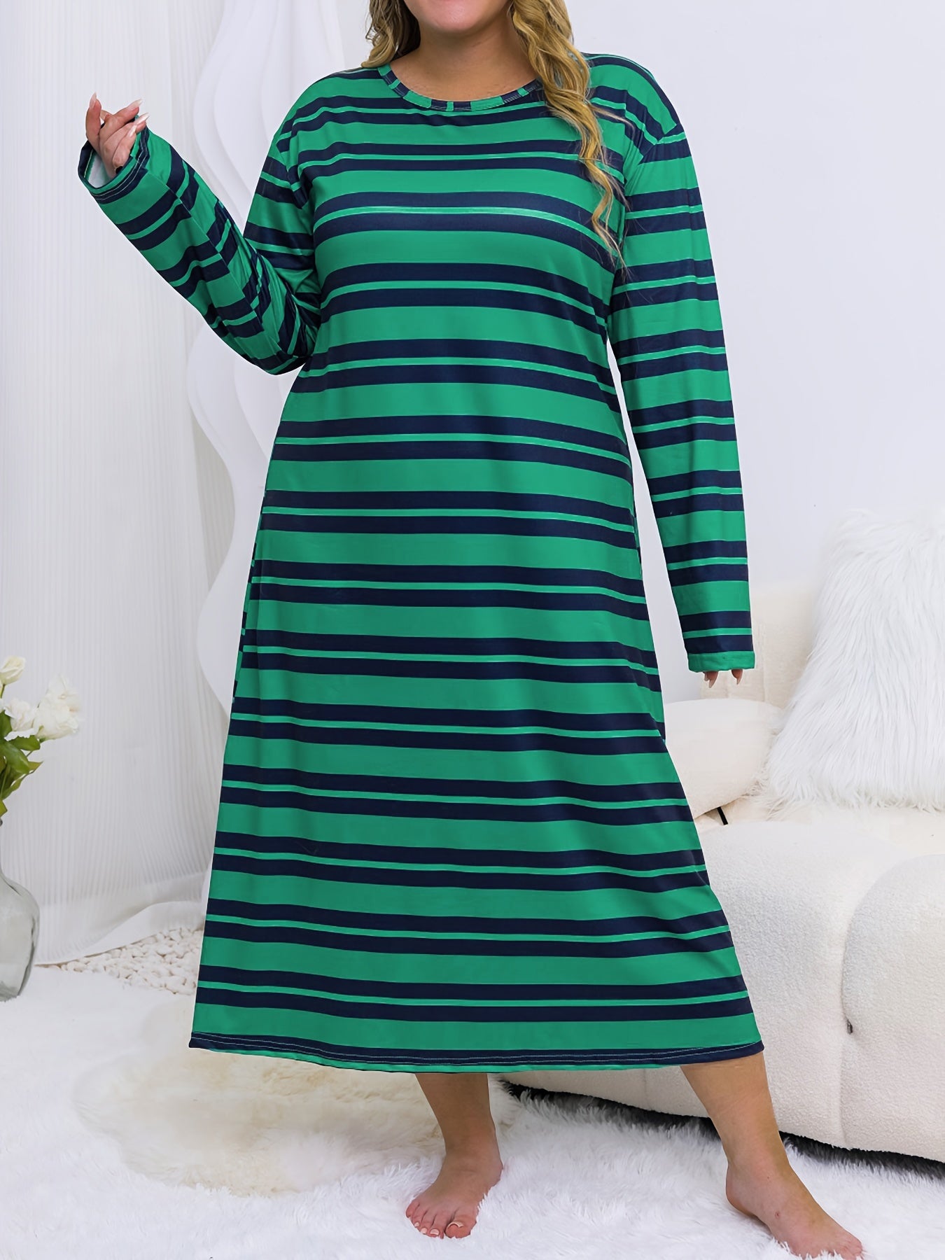 Striped Nightdress Long Sleeve Round Neck