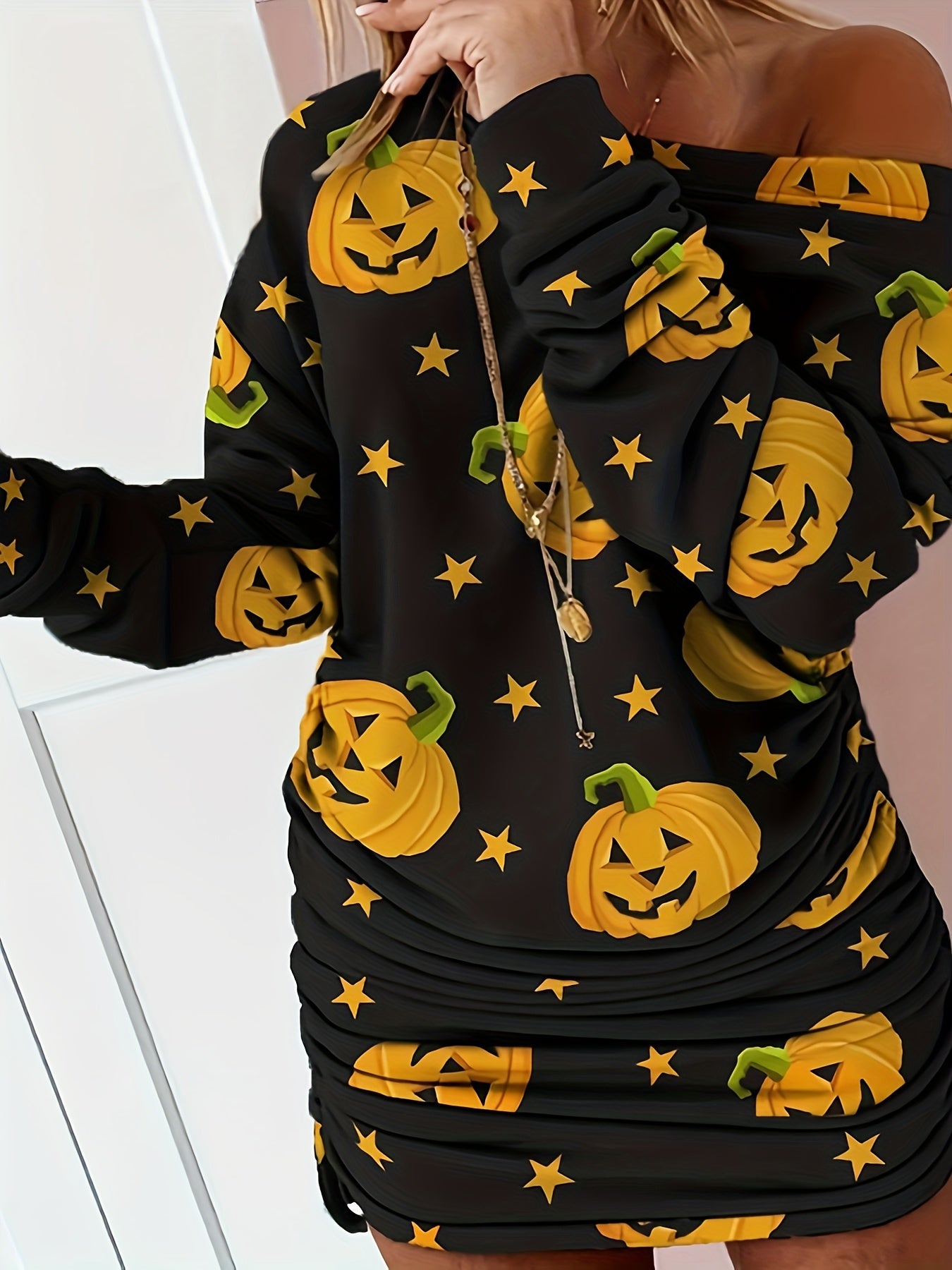 Pumpkin Print Long Sleeve Casual Dress