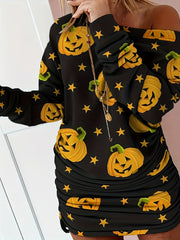 Pumpkin Print Long Sleeve Casual Dress