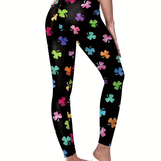 Colorful Clover Print High Rise Skinny Leggings