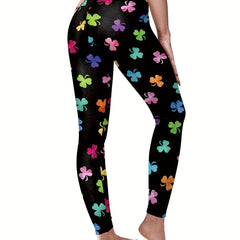 Colorful Clover Print High Rise Skinny Leggings
