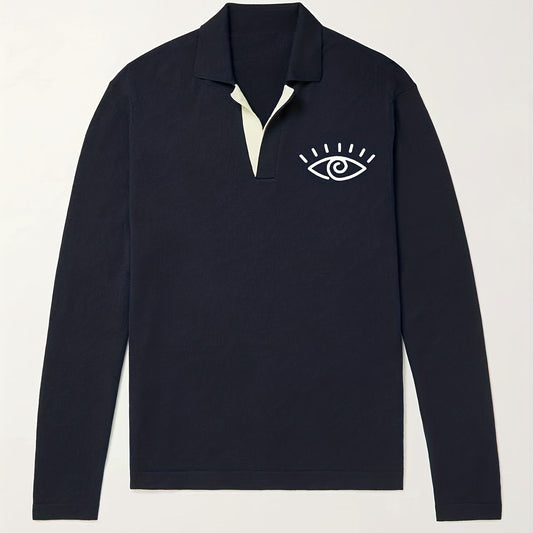 Men's Eye Pattern Knit Polo Shirt Casual Lapel Middle Stretch V Neck Sweater