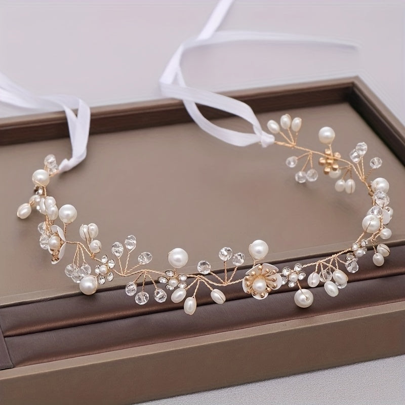 Faux Pearl Headband with Veil Wedding Bridal Headwear