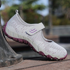 Women's Breathable Knit Sneakers Casual Hook & Loop Strap Shoes Grey & Purple