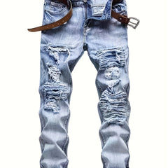 Slim Fit Ripped Jeans Men's Casual Street Style Distressed Denim Pants