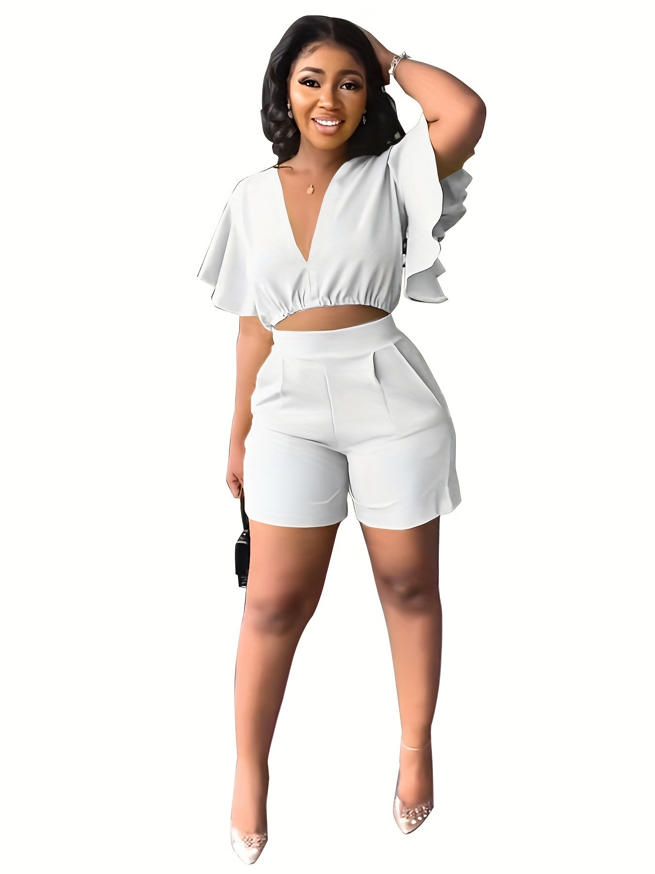 Flutter Sleeve Crop Top & High Waist Shorts Set