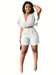 Flutter Sleeve Crop Top & High Waist Shorts Set