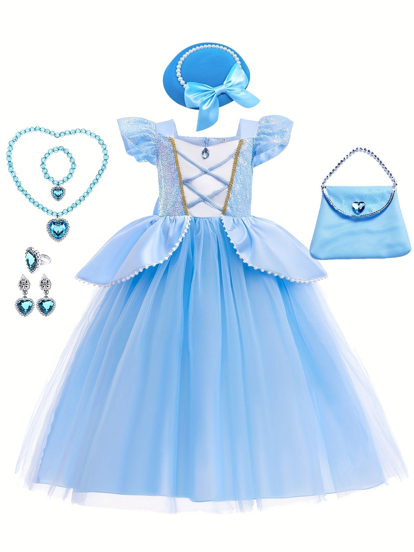 Girls Princess Costume Puff Sleeve Fancy Party Dress Up Set