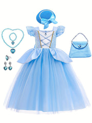 Girls Princess Costume Puff Sleeve Fancy Party Dress Up Set