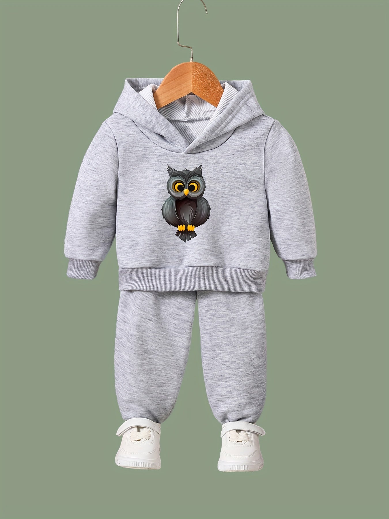 Cartoon Owl Print Hooded Pullover Pants Set for Kids Sports