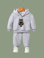 Cartoon Owl Print Hooded Pullover Pants Set for Kids Sports