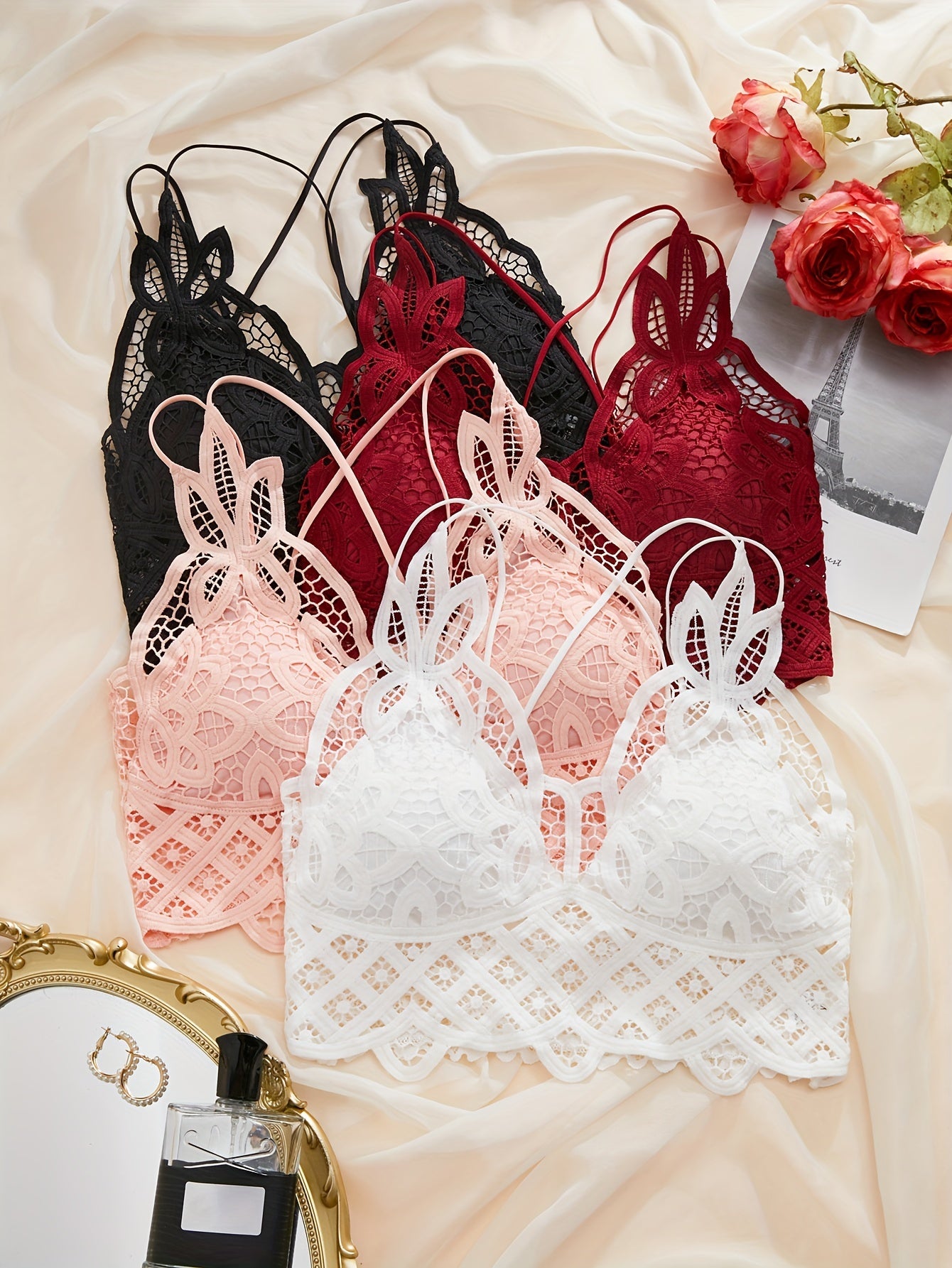 4pcs Lace Wireless Bras Hollow Out Bra Women's Lingerie