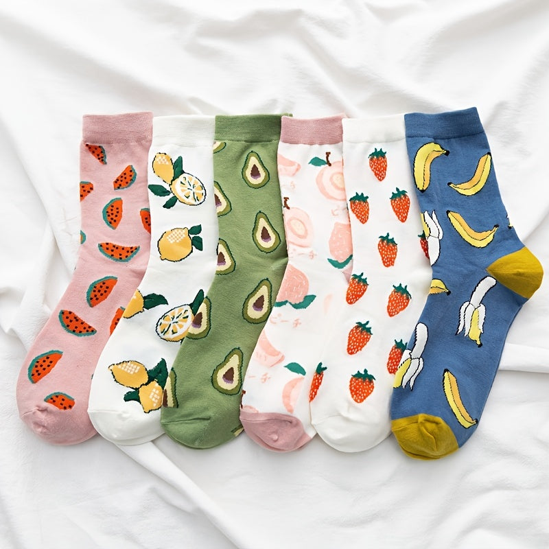 6 Pairs Fruits Pattern Socks Multicolor Casual Mid Tube Women's Stockings