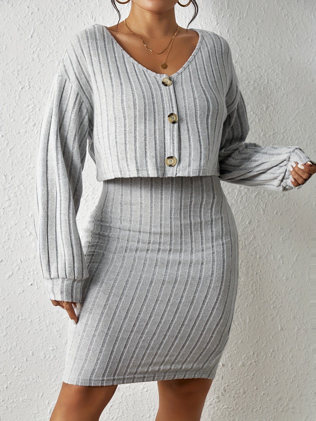 Plus Solid Ribbed Knit Round Neck Tank Dress & Long Sleeve Top Set