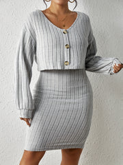 Plus Solid Ribbed Knit Round Neck Tank Dress & Long Sleeve Top Set