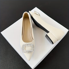 Women's Rhinestone Decor Slip On Low Point Toe Block Heel Glitter Shoes